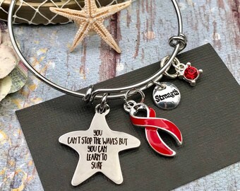 Pick Any Ribbon Color - You Can't Stop Waves, but You Can Learn to Surf / Starfish Encouragement Charm Bracelet