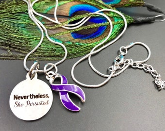 Purple Ribbon Necklace - She Persisted- Lupus Warrior Necklace, Colitis, Crohn's, Fibromyalgia, Pancreatic Cancer Awareness Jewelry