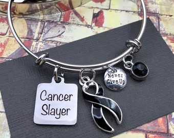 Cancer Slayer / Black Ribbon Charm Bracelet - Melanoma Survivor, Awareness Gift