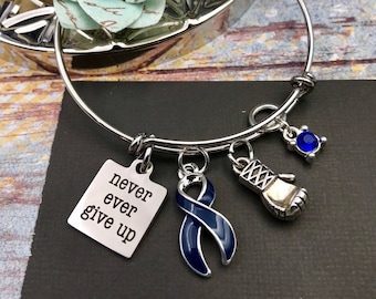 Colon Colorectal Cancer, Crohn's Colitis Spoonie, Epstein-Barr virus, CFS, CVS, Huntingtons Bracelet - Dark Blue Ribbon - Never Ever Give Up