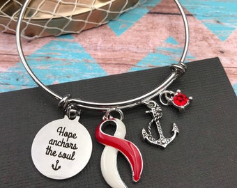 Red and White Ribbon - Aplastic Anemia, DVT, Head and Neck, Oral Cancer, Squamous Cell Carcinoma Awareness - Hope Anchors the Soul Bracelet