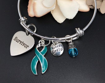 Survivor Teal Ribbon Charm Bracelet / Ovarian Cancer, Myasthenia Gravis, POTS, PTSD, Trigeminal Neuralgia, Scleroderma, Anxiety - Survivor