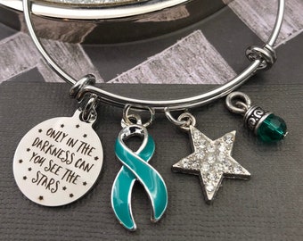 Teal Ribbon Charm Bracelet / In Darkness See Stars /  Ovarian Cancer Survivor, Myasthenia Gravis, POTS, PTSD, Trigeminal Neuralgia Awareness