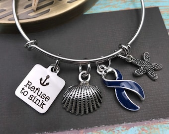 Colon Cancer, Colorectal Cancer, Crohn's Colitis Spoonie, Epstein-Barr virus, CFS, CVS Awareness - Navy Blue Ribbon Refuse to Sink Bracelet