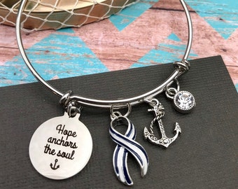 ALS Awareness Bracelet - Bracelet / Lou Gehrig's Disease - Striped Blue Ribbon / Amyotrophic lateral sclerosis gift - Hope Anchors the Soul