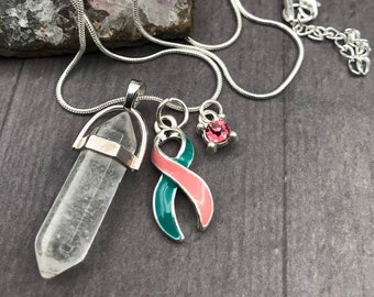 Healing Crystal Quartz Necklace / Fighting Cancer, Chronic Illness, Invisible Illness, Rare Disease, Survivor Spoonie - ANY RIBBON Color