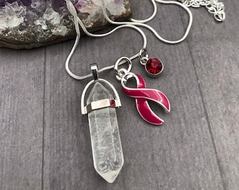 Healing Crystal Quartz Necklace / Burgundy Ribbon Charm / Multiple Myeloma, Thrombophilia, Brain Aneurysm, Sickle Cell Anemia, Migraines