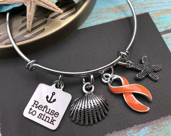 Múltiples esclerosis Conciencia joyería - naranja cinta encanto pulsera - MS guerrero, leucemia, cáncer de riñón - negarse a hundirse