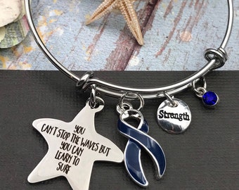 Navy Dark Blue Ribbon Bracelet / Colon Colorectal Cancer, Crohn's Colitis Spoonie, Epstein-Barr virus, Chronic Pain Gift - Can't Stop Waves