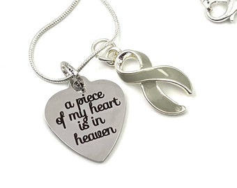 Gray Grey Ribbon Sympathy Necklace / Brain Cancer Awareness - A Piece of my Heart is in Heaven - Remembrance Gift