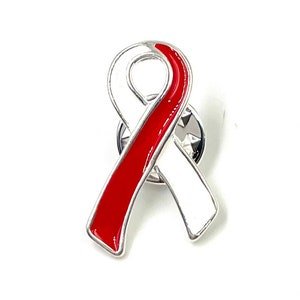 Red and White Ribbon Pin - Aplastic Anemia, DVT, Head and Neck Cancer, Oral Cancer and Squamous Cell Carcinoma / Awareness Hat, Lapel Pin
