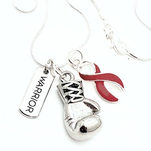 Burgundy Ribbon Boxing Glove Necklace - Multiple Myeloma Survivor, Sickle Cell Anemia, Sturge-Weber Syndrome, Brain Aneurysm Survivor Gift