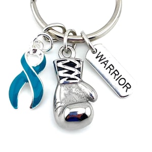 Teal Awareness Ribbon Boxing Glove Keychain, Warrior Keychain, Ovarian Cancer Gift, PTSD Support, Cervical Cancer Awareness, Warrior Gift