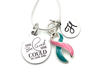 Pick Ribbon / She Believed She Could Necklace / Cancer Survivor, Last Chemo, Lupus, ALS, Lymphoma, Endometriosis, BRCA Awareness Gift