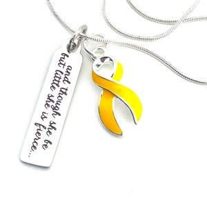 Little but Fierce Necklace / Gold Ribbon Charm - Alveolar Rhabdomyosarcoma, Childhood Cancer, COPD, Embryonal, Neuroblastoma Awareness gift