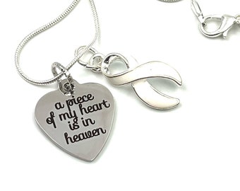 White Ribbon Sympathy Necklace - Lung Cancer, Retinoblastoma Awareness - Remembrance Jewelry - A Piece of my Heart is in Heaven