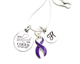 Purple Ribbon Necklace - So She Did - Lupus Warrior Necklace, Colitis, Crohn's, Fibromyalgia, Pancreatic Cancer Awareness Jewelry