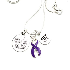 Purple Ribbon Necklace - So She Did - Lupus Warrior Necklace, Colitis, Crohn&#39;s, Fibromyalgia, Pancreatic Cancer Awareness Jewelry