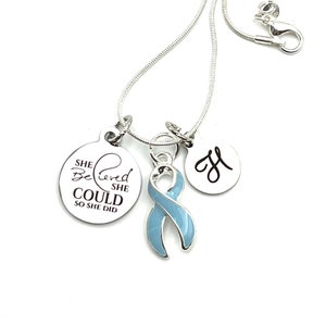 Light Blue Ribbon Necklace - Cushing Syndrome, Scleroderma Awareness, Thyroid Disease, Chronic Illness, DiGeorge - She Believed She Could