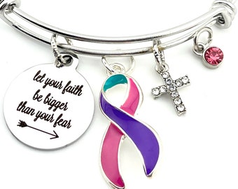 Thyroid Cancer Awareness / Survivor Bracelet - Let Your Faith Be Bigger than Your Fear / Pink Purple & Teal Ribbon Charm