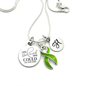 Lime Ribbon Necklace - Muscular Dystrophy, Gastroschisis, Lyme Disease, Non-Hodgkin’s Lymphoma, Spinal Cord Injury Awareness - She Believed