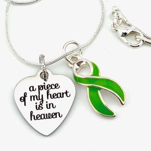 Lime Green Ribbon Memorial Necklace / Muscular Dystrophy, Lymphoma Cancer Sympathy, Kabuki Syndrome, Rememberance Gift - Heart is in Heaven