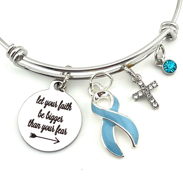 Chronic Illness Bracelet – Light Blue Ribbon – Addison’s, Behcets, Grave’s Disease, Cushing Syndrome, Scleroderma - Faith Bigger than Fear