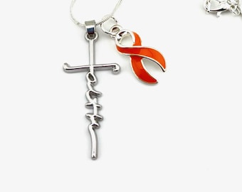 Collar de concientización sobre la leucemia - Dije de lazo naranja - Esclerosis múltiple (EM) y cáncer de riñón - Regalo para sobrevivientes - Collar con cruz de fe