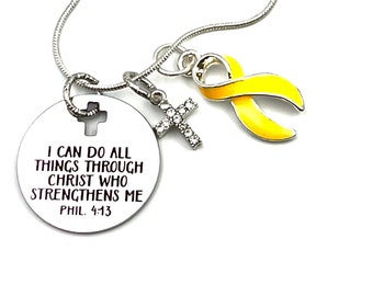 Gold Yellow Ribbon Necklace - Childhood Cancer Awareness / Neuroblastoma Osteosarcoma Awareness - I Can Do All Things Through Christ