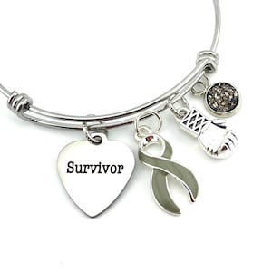 Survivor Charm Bracelet - Gray Grey Ribbon - Aphasia, Asthma, Brain Cancer Survivor, Brain Tumors, Type 1 or 2 Diabetes Awareness Gift