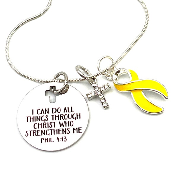 Yellow Ribbon Necklace - I Can Do All Things through Christ - Bladder Cancer, Endometriosis, Ewing Sarcoma, Spina Bifida, Osteosarcoma Gift