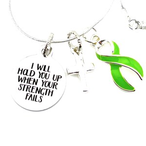 Lymphoma Cancer, Lyme Disease Awareness, Chronic Illness, Muscular Dystrophy Necklace - I Will Hold You Up Encouragement - Lime Green Ribbon