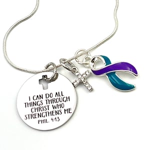 Teal and Purple Ribbon Charm Awareness Encouragament Necklace - I Can Do All Things