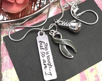 Gray Grey Ribbon Necklace - This is Tough... But so Am I