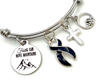 Melanoma Cancer Survivor / Awareness Bracelet - Black Ribbon Survivor Gift - Faith Can Move Mountains