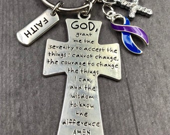 Rheumatoid Arthritis, Pediatric Stroke Awareness Gift - Serenity Prayer Keychain with Blue and Purple Ribbon - Spoonie Gift