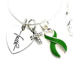 Green Ribbon Necklace - Liver / Adrenal Cancer Survivor Awareness / Cerebral Palsy / Mental Health / Muscular Dystrophy - Faith Necklace