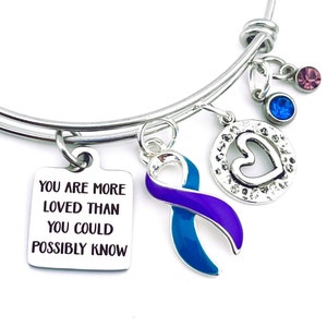 Teal and Purple Ribbon Charm Bracelet - You Are More Loved Than You Know