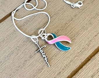 Preventitive Mastectomy, Surgery Gift - Previvor Necklace - Pink and Teal Ribbon - Faith Necklace