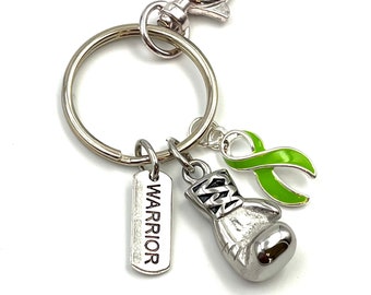 Lime Ribbon Boxing Glove, Warrior Keychain / Muscular Dystrophy, Gastroschisis, Lyme Disease, Lymphoma Cancer, Spinal Cord Injuries, Spoonie