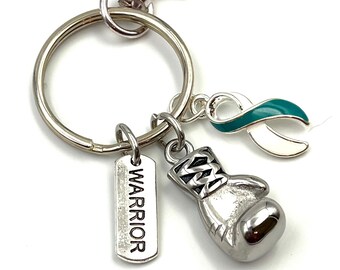 Teal and White Ribbon Keychain / Boxing Glove Warrior / Cervical Cancer Survivor Awareness / Chemo Surgery Gift
