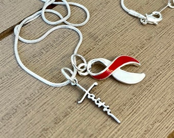 Red and White Ribbon Faith Necklace - Aplastic Anemia, DVT, Head and Neck Cancer, Oral Cancer and Squamous Cell Carcinoma Awareness