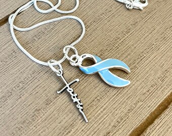 Light Blue Ribbon Necklace - Cushing Syndrome, Scleroderma Awareness, Thyroid Disease, Chronic Illness, DiGeorge - Faith Necklace