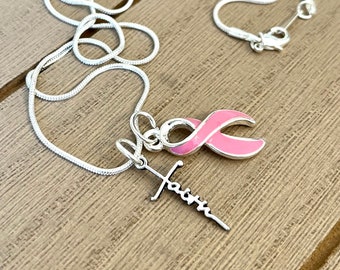 Pink Ribbon Faith Necklace - Breast Cancer Survivor / Awareness Gift