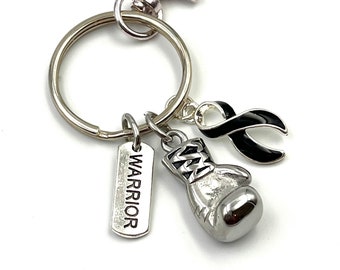 Boxing Glove, Warrior Black Ribbon Keychain / Melanoma Survivor / Skin Cancer Awareness / Chemo Surgery Gift / Narcolepsy