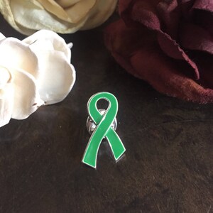 Green Ribbon Lapel Pin - Pewter, Gold Finish, 1" X 5/8", Awareness Pin - View #10