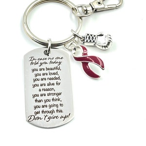 Burgundy / Maroon Ribbon Keychain / Don't Give Up, Encouragement Quote Gift