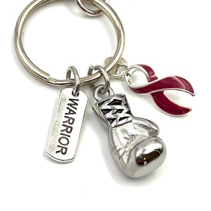 Burgundy / Dark Red / Maroon Ribbon Boxing Glove Keychain -Migraine, Multiple Myeloma, Post-Polio Syndrome, Thrombophilia, Williams Syndrome