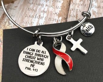 Red and White Ribbon Bracelet - Aplastic Anemia, DVT, Head, Neck, Oral Cancer, Squamous Cell Carcinoma - I Can Do All Things through Christ