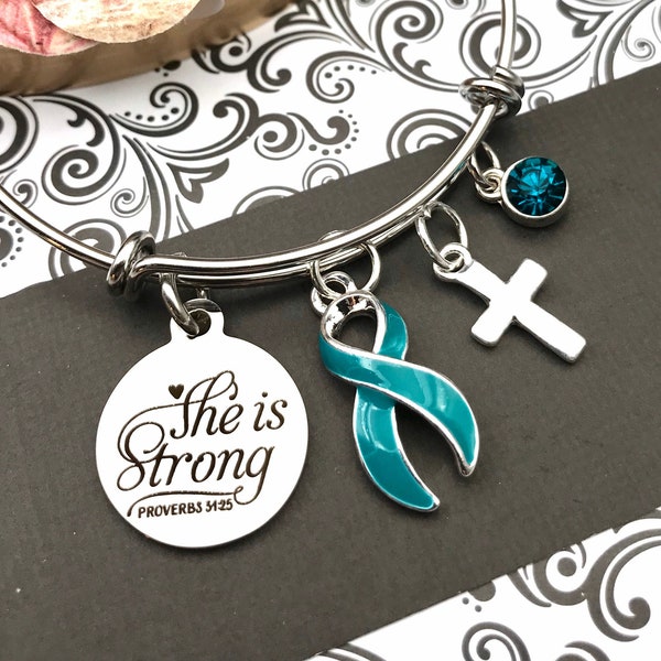 Pick Your Ribbon - She is Strong / Proverbs 34:25 Bracelet / Fighting Cancer Chronic Illness or Fatigue / Awareness Chemo Radiation Gift